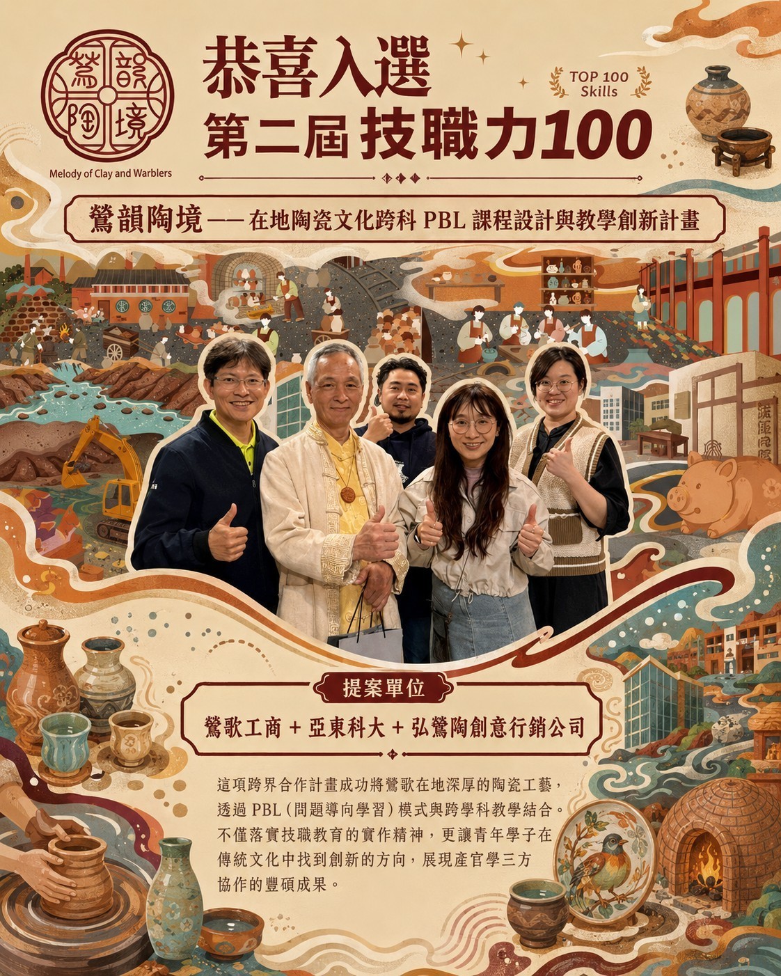 恭喜林木盛老師以「鶯韻陶境」入選第二屆技職力 TOP 100另開新視窗